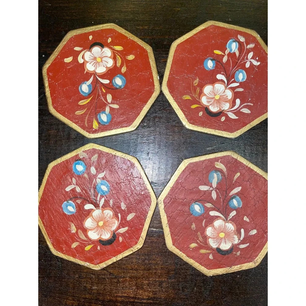 Set of‎ 6 Vintage Octagon Coasters Floral Hand wood Painted Red & Gold Decor